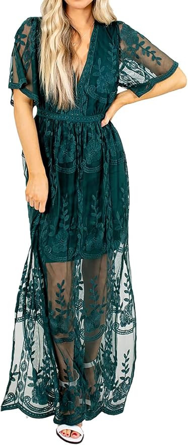 MERMAID'S CLOSET Women's Casual Off Shoulder Lace Maxi Dress Boho White Bridesmaid Wedding Evenin... | Amazon (US)