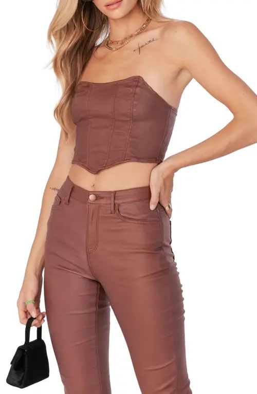 EDIKTED Faux Leather Strapless Corset Crop Top in Brown at Nordstrom, Size Large | Nordstrom