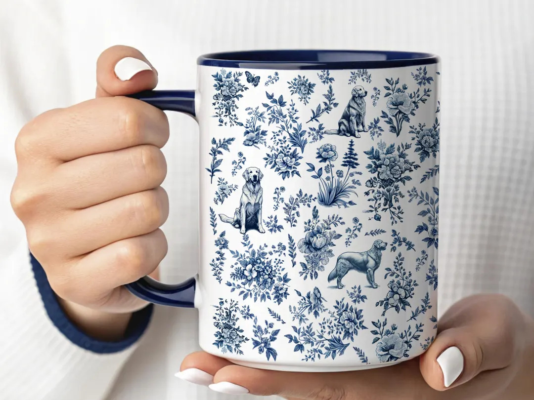 Golden Retriever Mug, French Toile Dog Lover Gift, Blue Toile De Jouy Coffee Cup, Golden Retrieve... | Etsy (US)