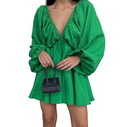 LOFAAC 2024 Women Sexy Deep V Neck Puff Long Sleeve Mini Dress Backless High Waist Ruffle Short D... | Amazon (US)