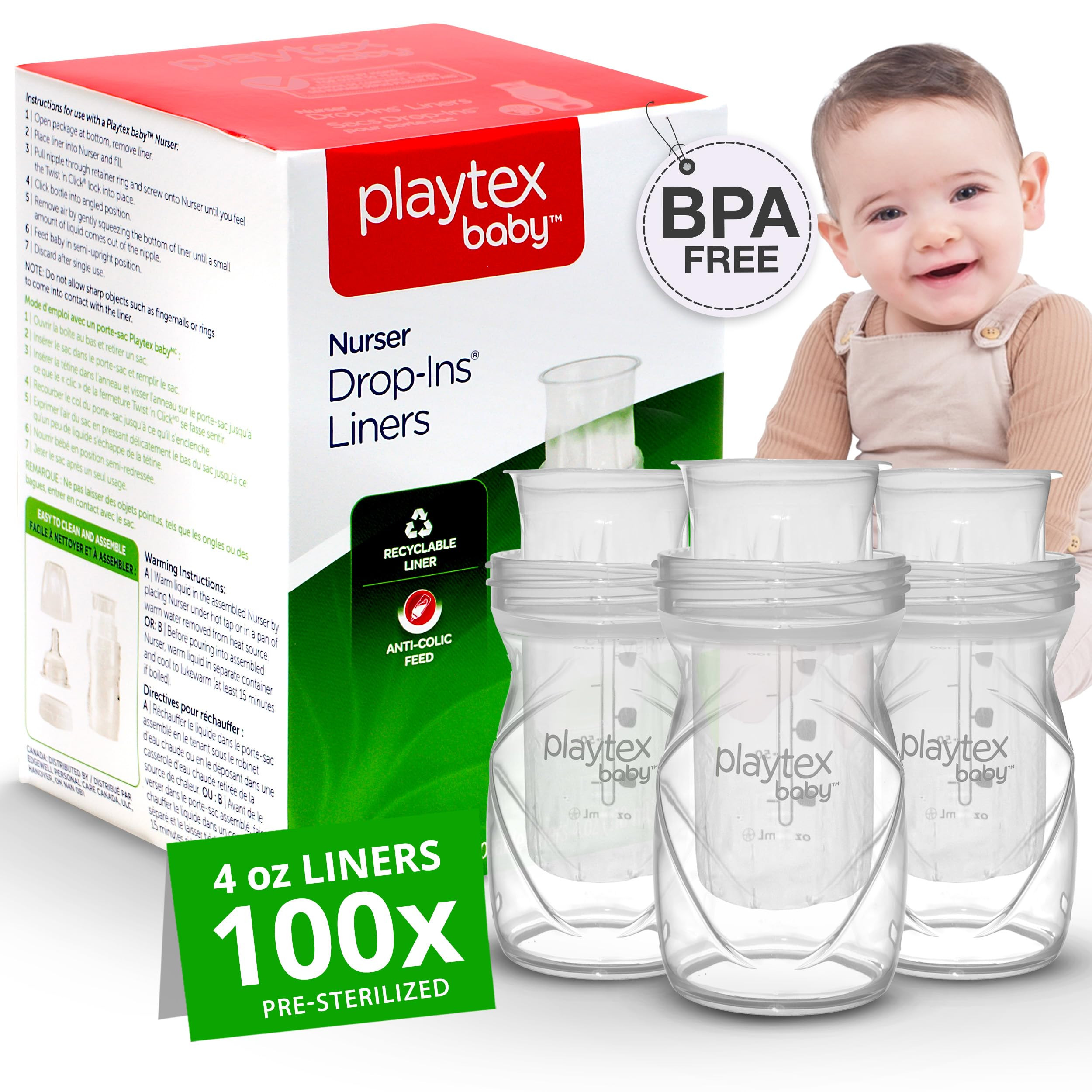 Playtex Baby Nurser Pre-Sterilized Disposable Drop-Ins Bottle Liners, Anti-Colic, Gas Reduction, ... | Amazon (US)