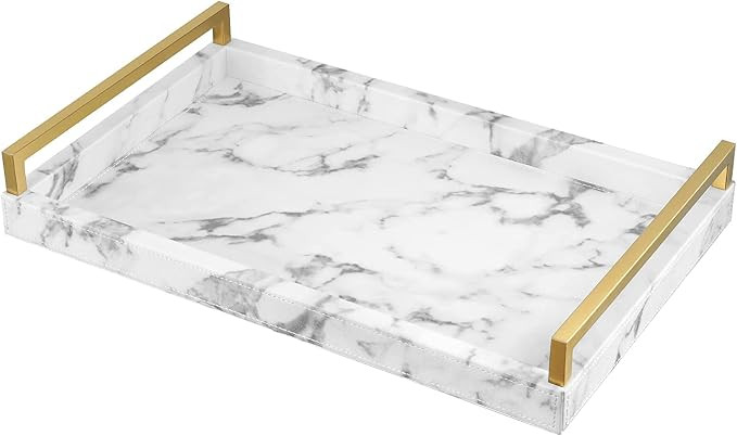 Lewondr ServingTray with Wide Metal Handles, PU Ottoman Serving Tray, 15.35"x9.84"x2.36" Desktop ... | Amazon (US)