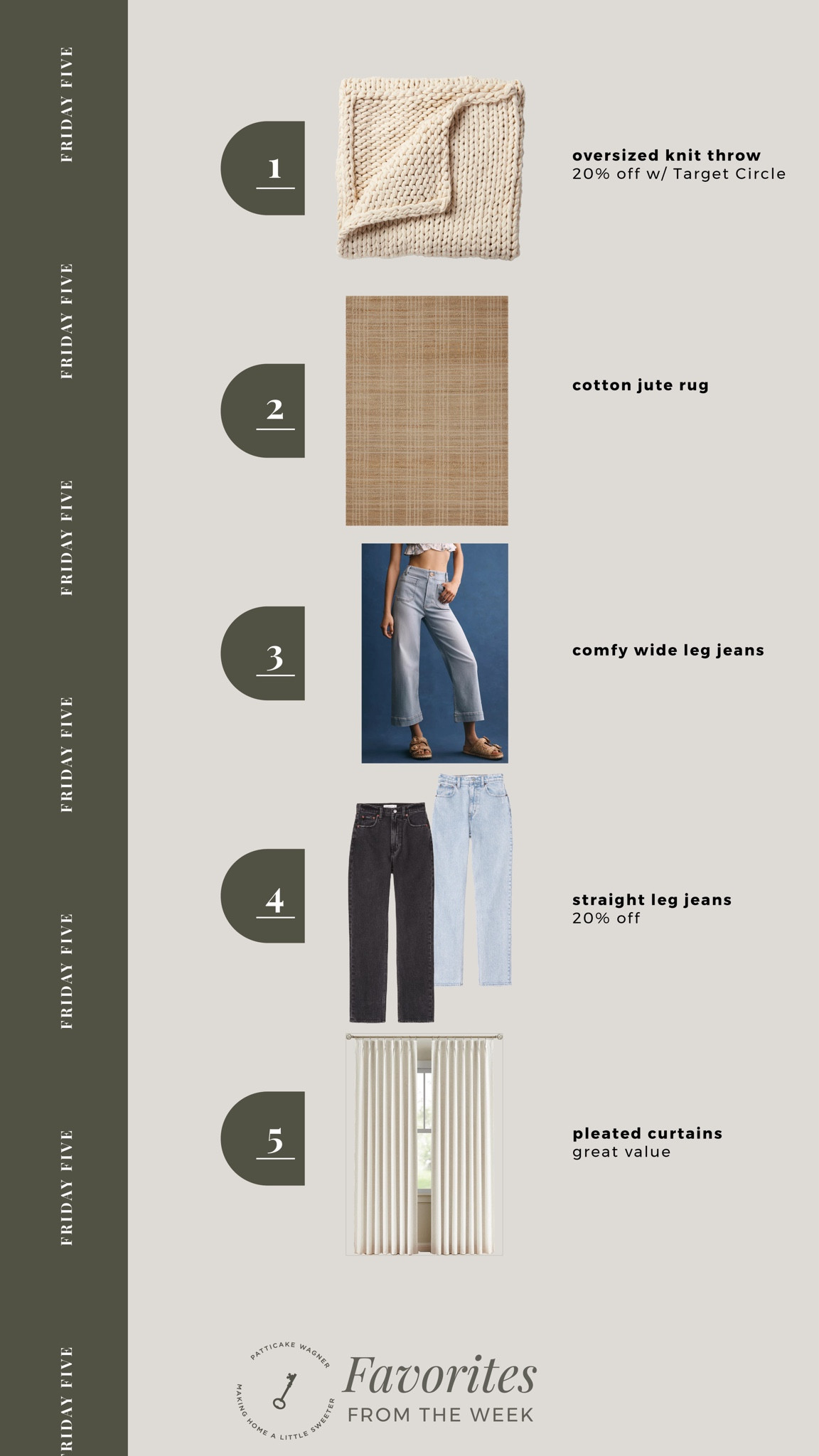 Friday Five: your favorites from the week. | 20% off oversized knit throw, cotton jute rug, wide leg jeans, 20% off straight leg jeans with code AFLTK (the blue pair is really marked down!), pleated curtains |

#LTKHome #LTKStyleTip #LTKFallSale