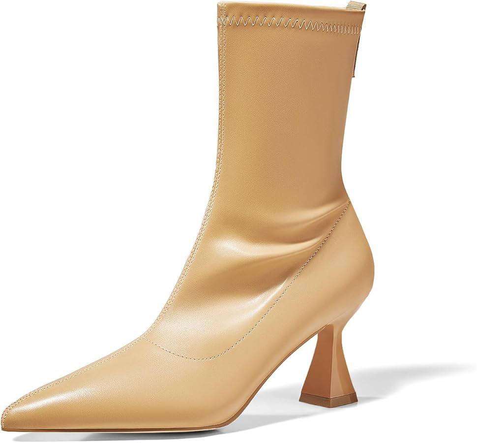 Coutgo Womens Ankle Boots Pointed Toe Low Kitten Heel Side Zipper Office Dress Fall Booties Shoes | Amazon (US)