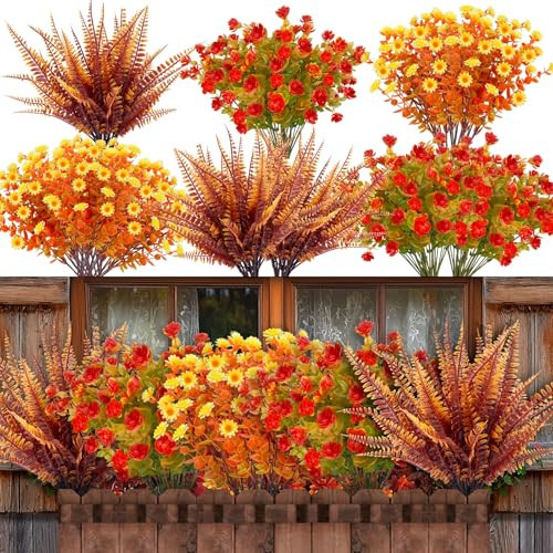 20 Bundles Artificial Fall Flowers for Outdoors Fall Decorations - UV Resistant Fake Mums Faux Fall Plants Plastic Flowers for Garden Porch Fireplace Patio Home Indoor Autumn Fall Thanksgiving Decor | Amazon (US)