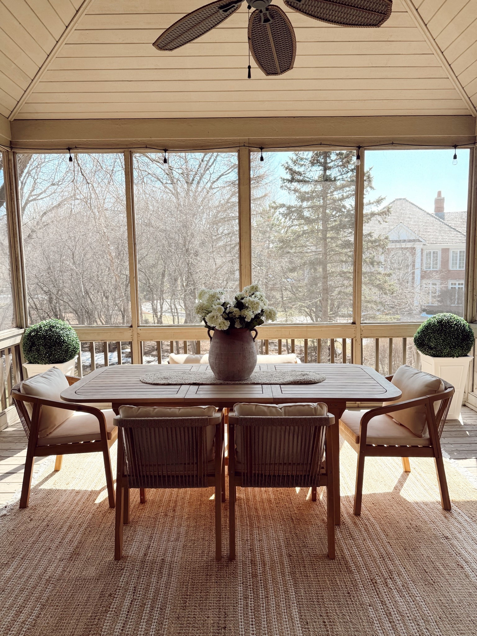 #ad the snow is melting away and spring is here!! 🌷prepping my outdoor screened deck for spring and summer with @wayfair finds! I’m so excited to get to enjoy this outdoor space with my boys, we just love eating out here. 🥹 

here’s the Wayfair home finds I am loving:
+ white planters
+ Large jug vase
+ Faux flowers
+ faux topiary balls
+ jute oval table runner
+ my dining set is also from Wayfair! 🤯🙌🏼

#wayfairpartner #wishyouwerehere #outdoor #wayfair 

#LTKSeasonal #LTKmorningroutine #LTKHome