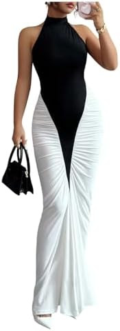 GORGLITTER Women's Color Block Ruched Maxi Dress Evening Bodycon Halter Elegant Classy Dresses Co... | Amazon (US)