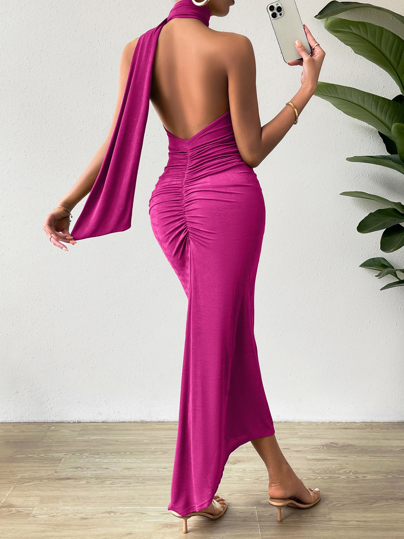 SHEIN Privé Ruched Backless Halter Neck Dress | SHEIN