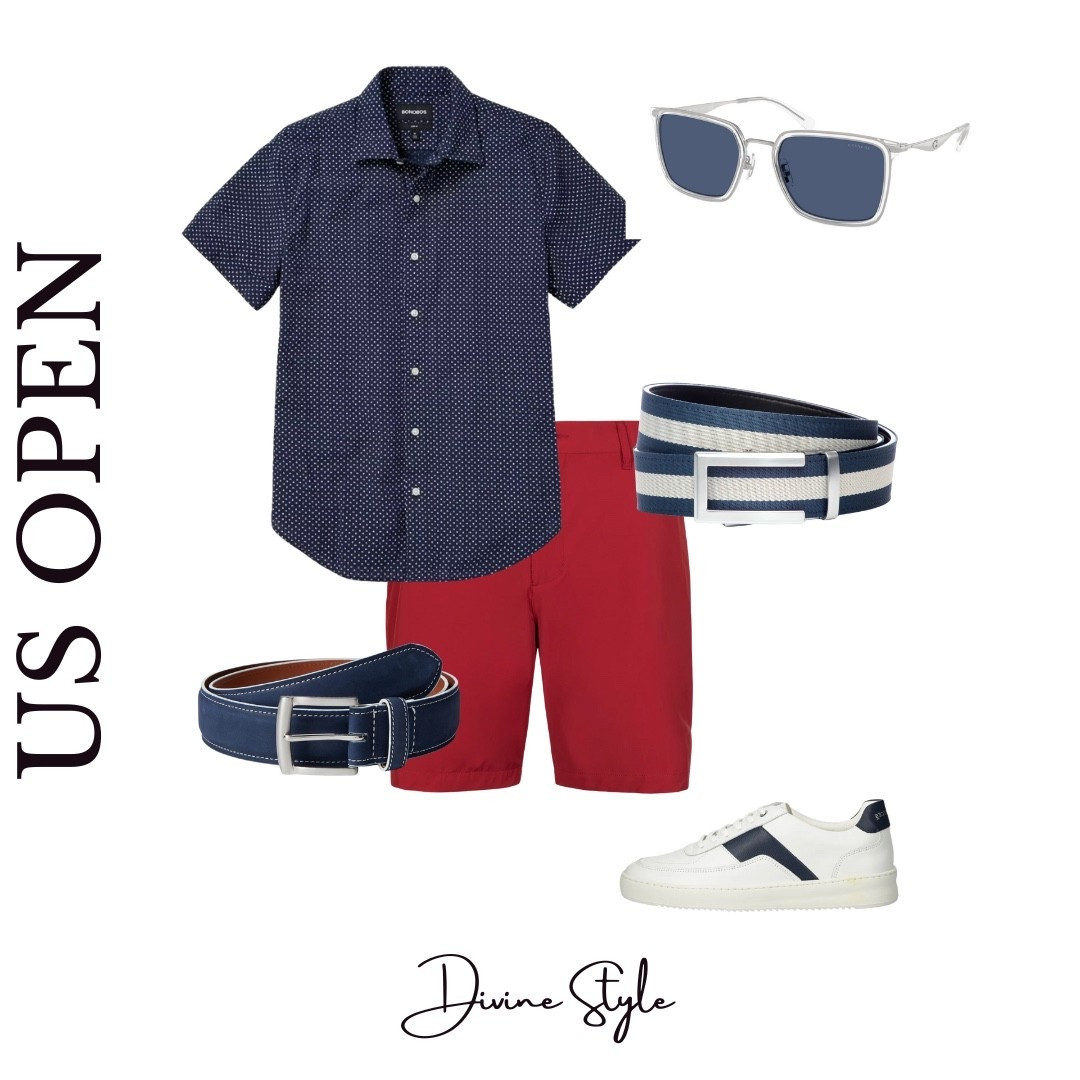 Stylish look to wear to the US Open or for a holiday weekend or Labor Day. This navy print shirts comes in 3 different fits, styled with a unique blue belt and red chino shorts. Poe on fun sneakers & sunglasses for a smart, casual outfit.

#LTKSaleAlert #LTKMens #LTKShoeCrush