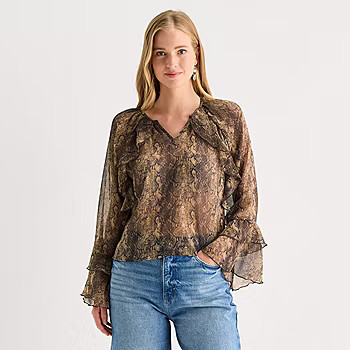 new!a.n.a Ruffle Womens Y Neck Long Sleeve Blouse | JCPenney