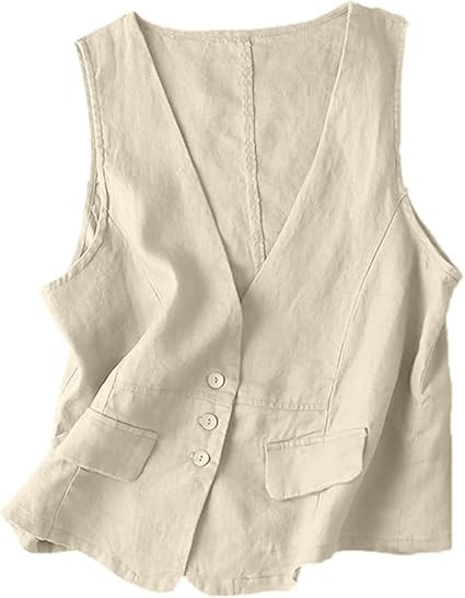 UATKIMI Womens Cotton Linen Vest Casual Loose V Neck Sleeveless Vests Jacket | Amazon (US)