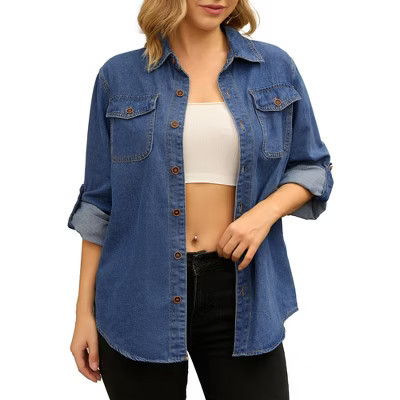 INSPIRE CHIC Women's Long Sleeve Button Down Turndown Collar Jean Denim Jacket with Pocket Blue XX-Large | Target