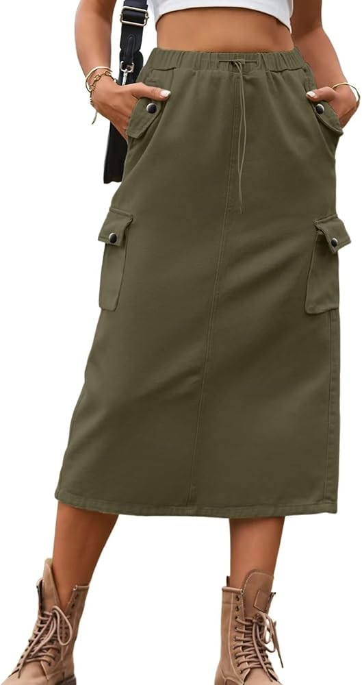 Dokotoo Women's Drawstring Waist Flap Pocket Cargo Skirt Back Slit Midi Skirt | Amazon (US)