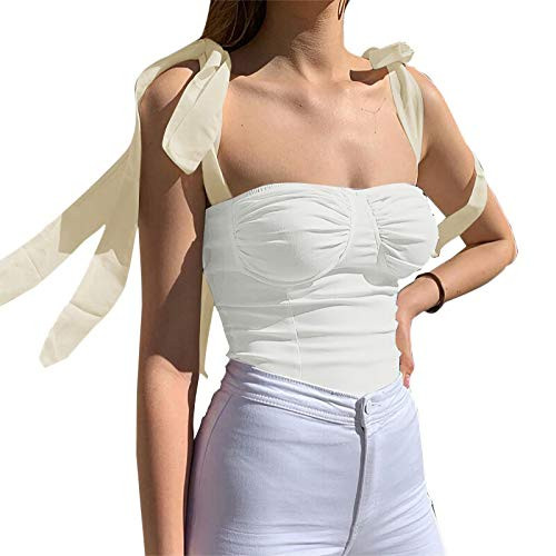 Velius Women's Sleeveless Camisole Tie Shoulder Mesh Strap Tank Crop Tops | Amazon (US)