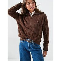 Tommy Hilfiger Wool Cable Half Zip Jumper - Brown | Very (UK)