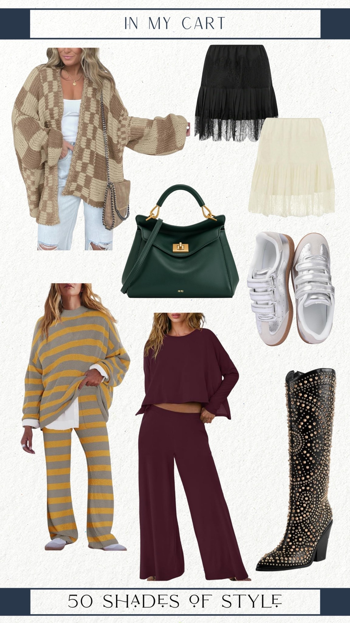 check cardigan, striped set, studded boots, red set, silver sneakers, green handbag 

#LTKOver40 #LTKSeasonal #LTKootd