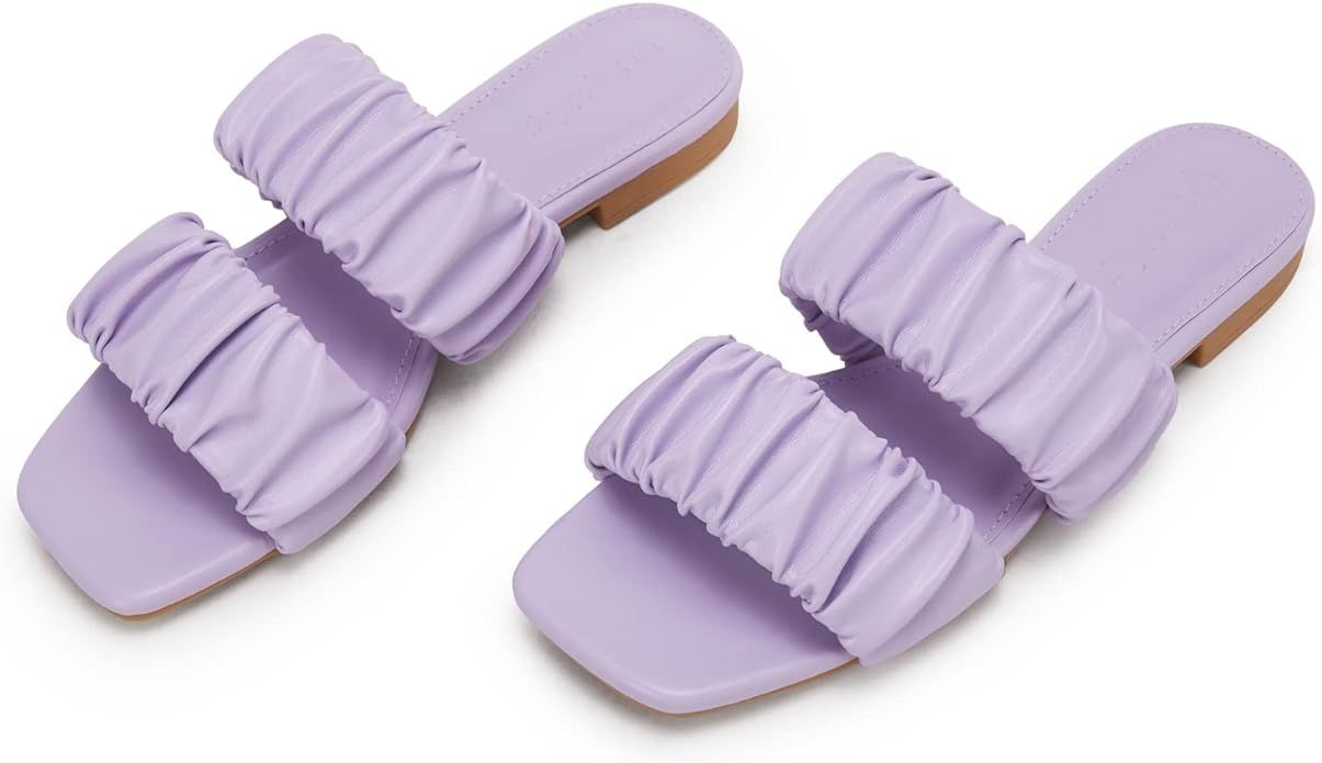 PiePieBuy Womens Square Open Toe flat Sandals Two Straps Low Heel Mule Slides | Amazon (US)