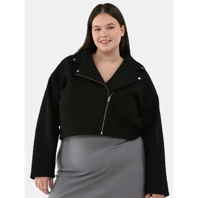 No Boundaries Asymmetric Zip Faux Shearling Moto Jacket, Women's and Women's Plus - Walmart.com | Walmart (US)