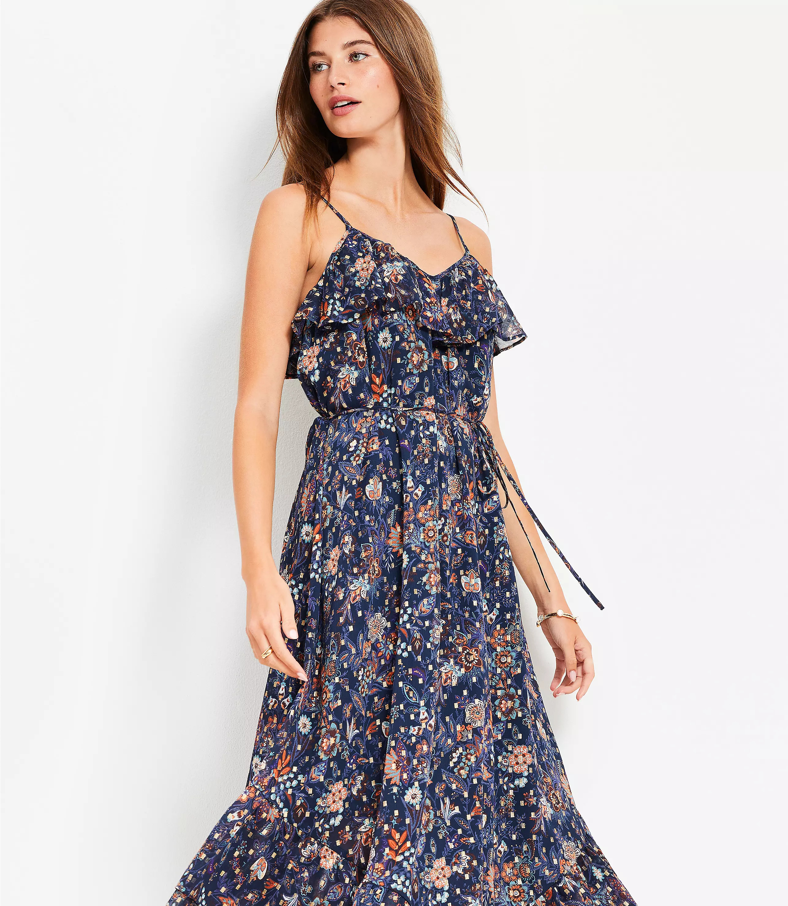 Shimmer Garden Ruffle Midi Dress | LOFT