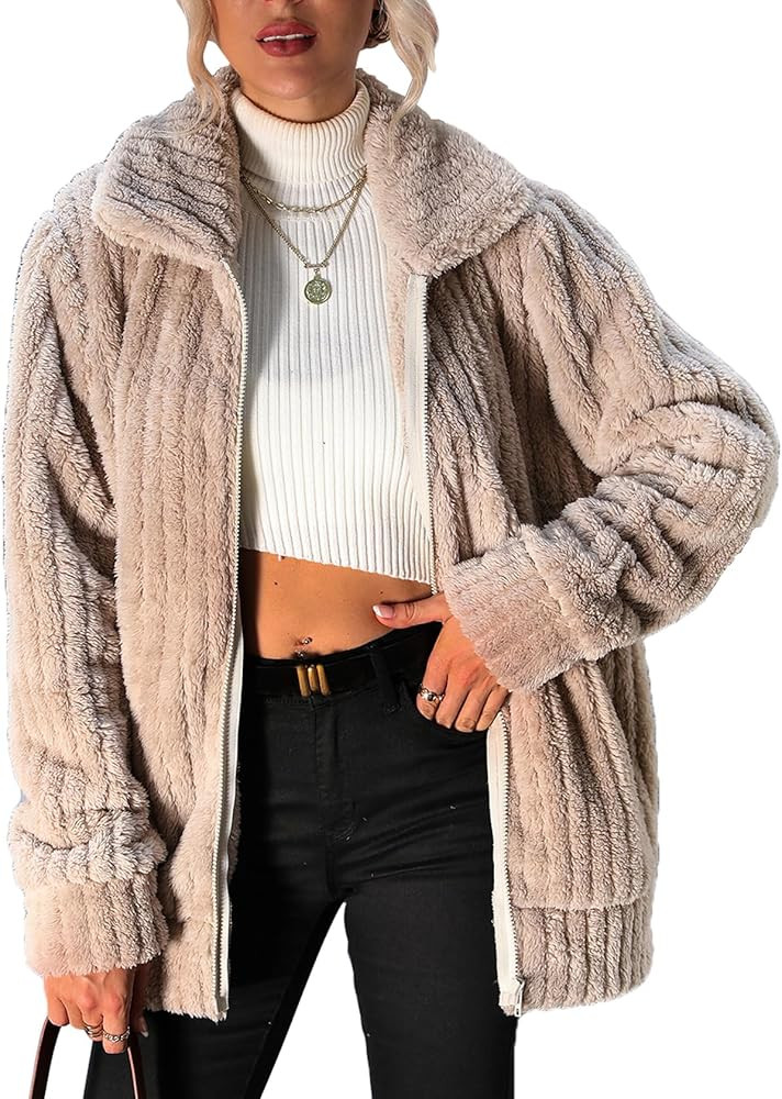 Women's Fleece Jacket Women Full Zip Long Sleeve Lapel Collar Sherpa Coat Outerwear with Pockets ... | Amazon (US)