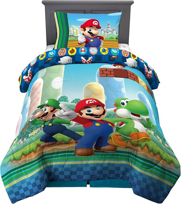 Super Mario Kids Twin Size Bedding, 4 Piece Super Soft Cozy Reversible Comforter and Sheet Set, (... | Amazon (US)