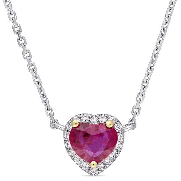 Miadora Signature Collection 14k White Gold with Yellow Gold Prongs Heart-Cut Ruby and Diamond Halo Stationed Necklace - Red | Bed Bath & Beyond