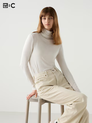Women's HEATTECH Cashmere Blend T-Shirt Extra Warm Turtleneck with Moisture-Wicking Natural Medium UNIQLO US | UNIQLO (US)