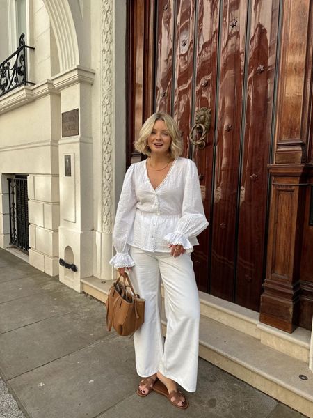 White & tan spring summer outfit - white peplum blouse from my very x Laura Byrnes edit, white Abercrombie wide leg crop jeans, Hermes oran tan sandals & Polene Paris cyme mini tan handbag. 

#LTKspring 

#LTKuk #LTKstyletip