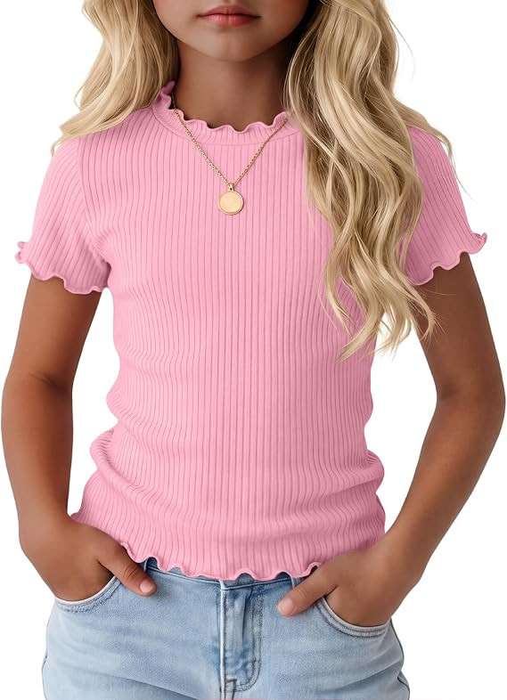Girls T-Shirts Ribbed Lettuce Trim Tops | Amazon (US)