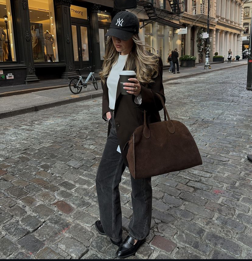 Fall outfit
Grey jeans
White t shirt
Dark brown blazer
Suede brown bad
Black loafers
Black New York Yankee hat 

#LTKHoliday #LTKTravel #LTKStyleTip