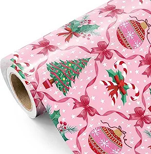 WRAPAHOLIC Pink Christmas Wrapping Paper Roll - Mini Roll - 17 Inch x 16.5 Feet - Festive Tree, C... | Amazon (US)