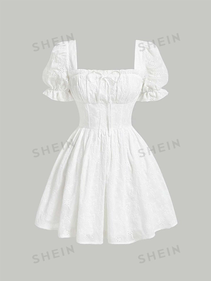 SHEIN MOD Eyelet Embroidery Puff Sleeve Ruched Bust Dress | SHEIN