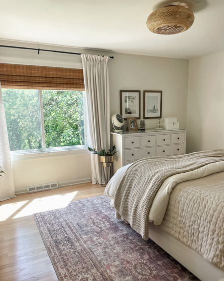 Bedroom design. Home decor. Loloi area rug. Ceiling fan. Chandelier. Fandelier. Bedding. Quilt. Curtains. Bed frame  

#LTKHome