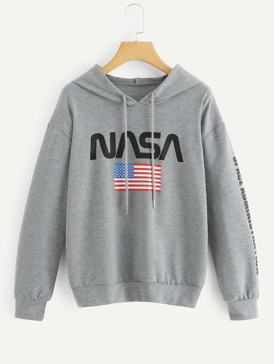 Letter And Flag Print Hooded Sweatshirt | SHEIN