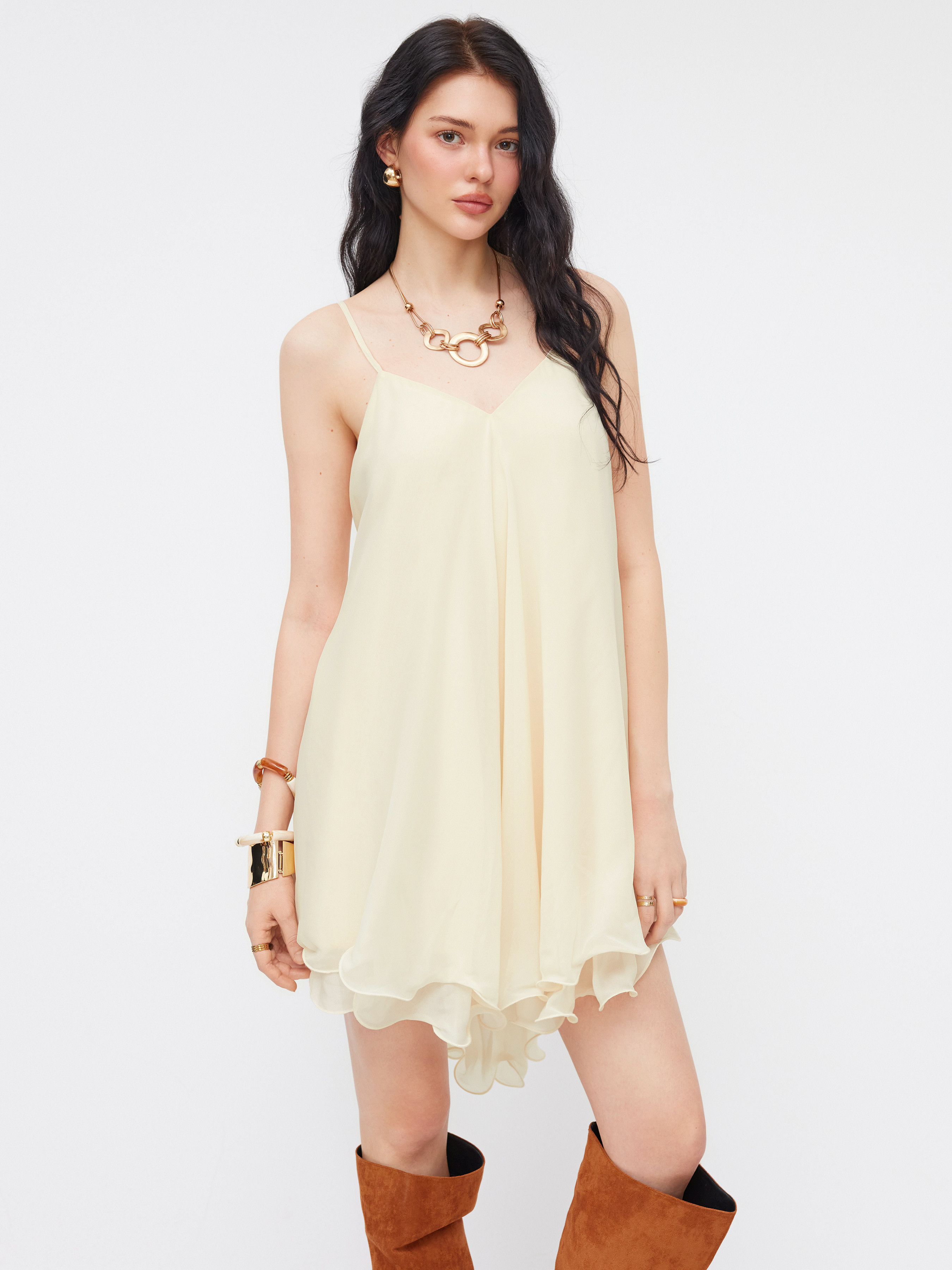 Chiffon Chiffon V-neck Knotted Ruffle Hem Cami Mini Dress For Daily Casual Vacation | Cider