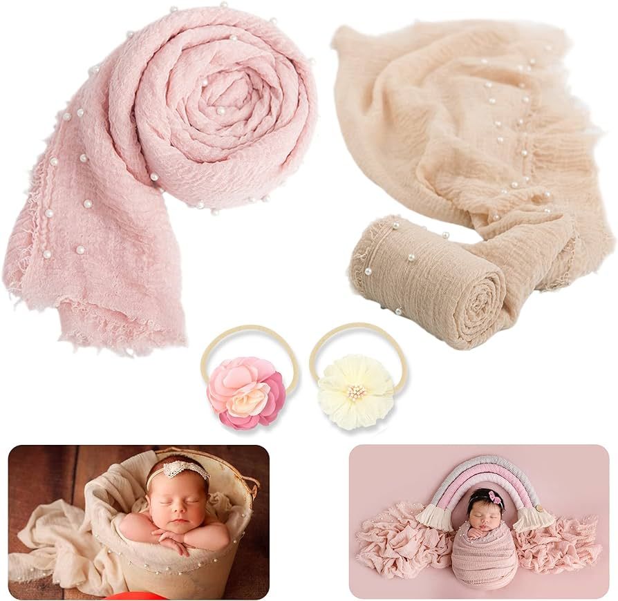 4 PCS Newborn Photography Props Wrap Knit Handmade Pearl Decor Wrap Blanket Swaddle Baby Photo Pr... | Amazon (US)