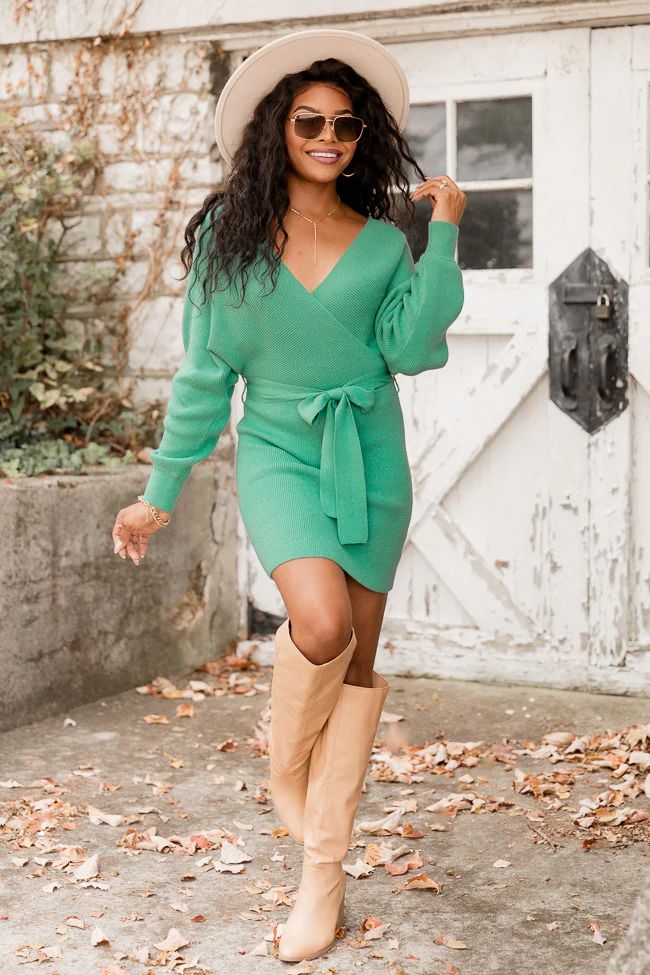 Talk of The Town Green Belted Sweater Dress | Pink Lily