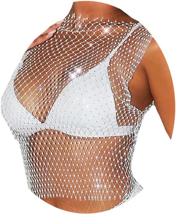 Fstrend Mesh Crystal Body Chain Sparkly Rhinestone Fishnet Crop Top See Through Tank Tops Bikini ... | Amazon (US)