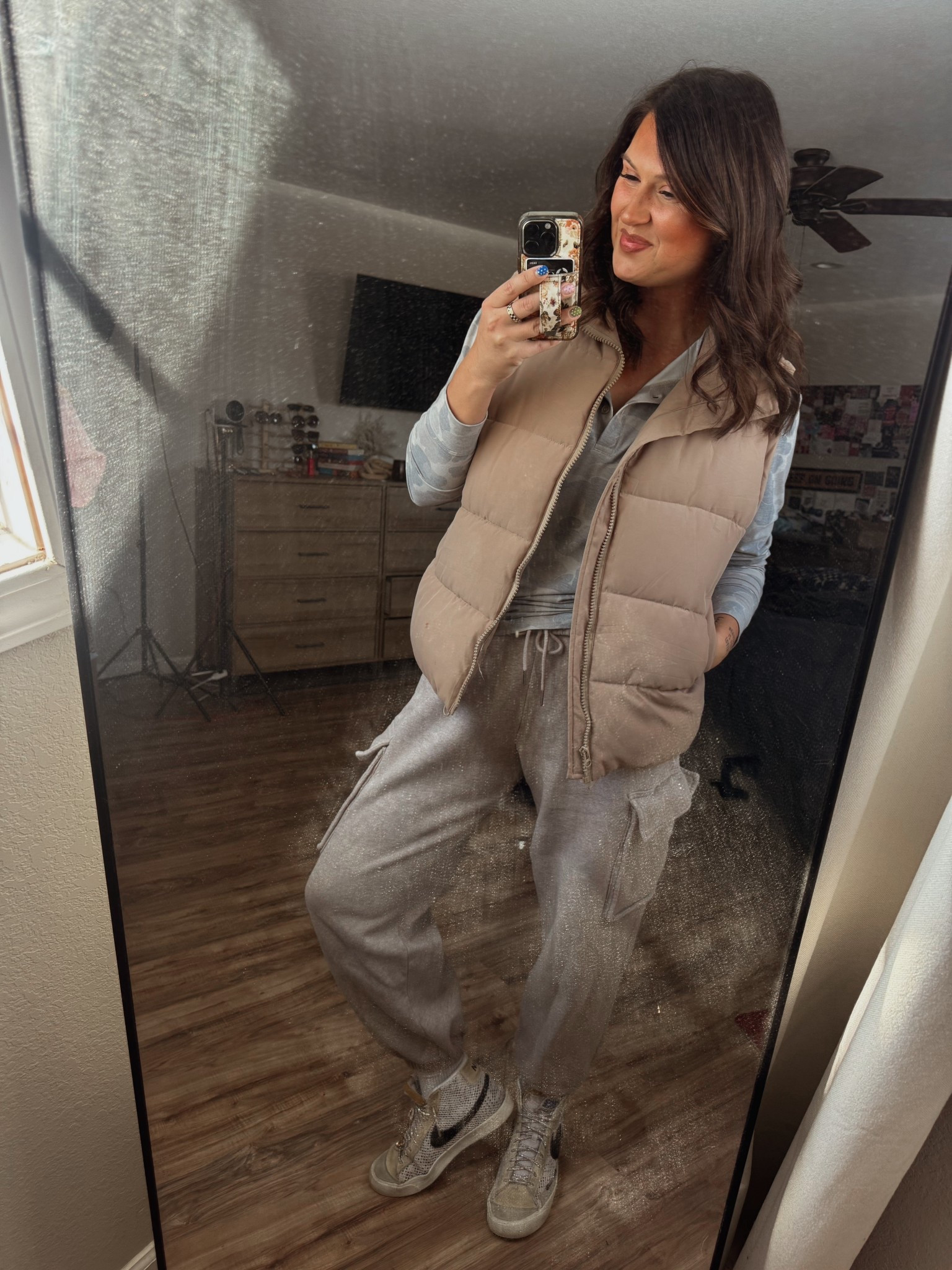 Comfy, casual, mom on the go ‘fit 

Shirt : true size large (so soft) 
Vest : true size large
Tank : true size large (so comfy & built in bra)
Sweats - similar linked 