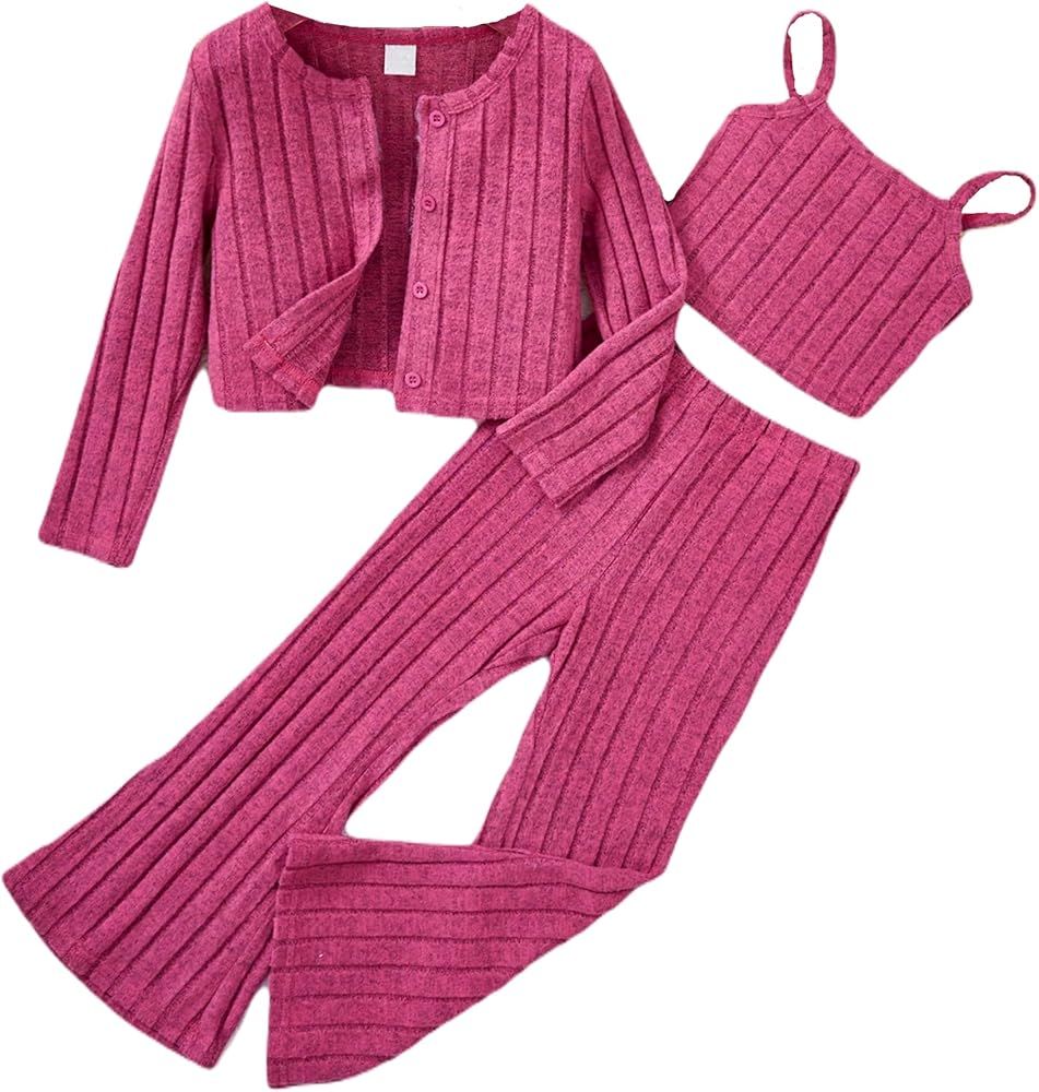 Floerns Girls 3 Piece Outfit Cami Top Flare Leg Pants Set with Cardigan Coat | Amazon (US)