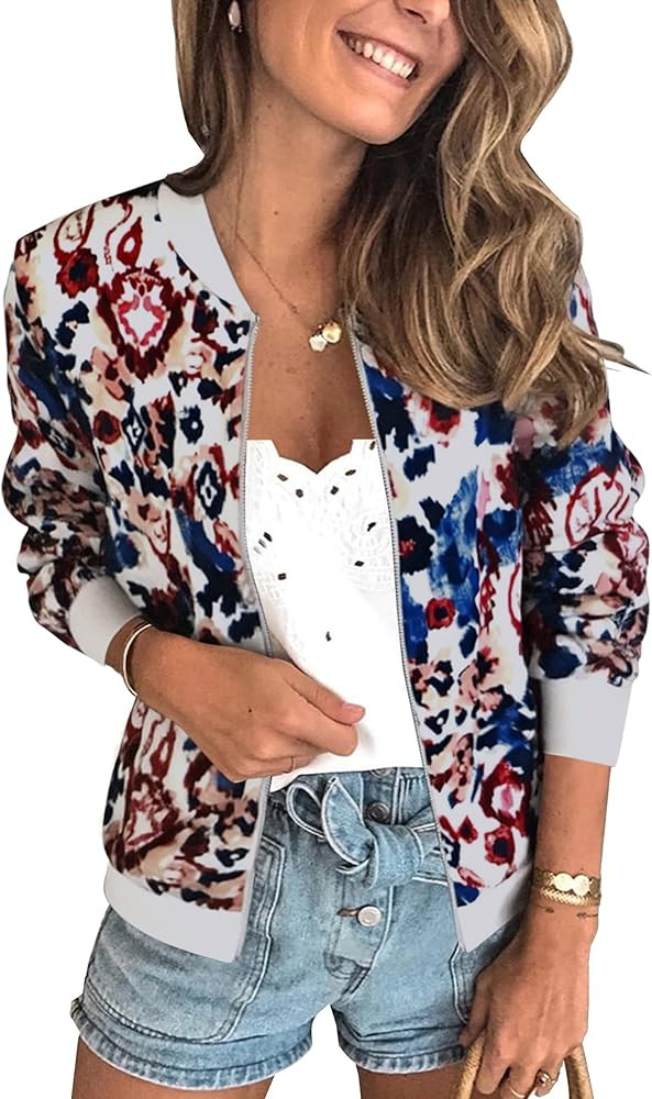 ECOWISH Women's Casual Floral Zip Up Bomber Jacket Coat Lightweight Short Camo No Lining Outwear ... | Amazon (US)