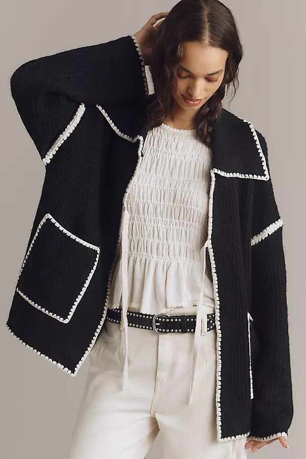 Flat White Collared Whipstitch Cardigan Sweater | Anthropologie (US)