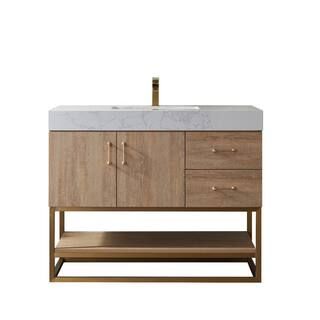 Alistair 42 in. W x 22 in. D x 33.9 in. H Bath Vanity in Oak with White Stone Vanity Top with Bas... | The Home Depot