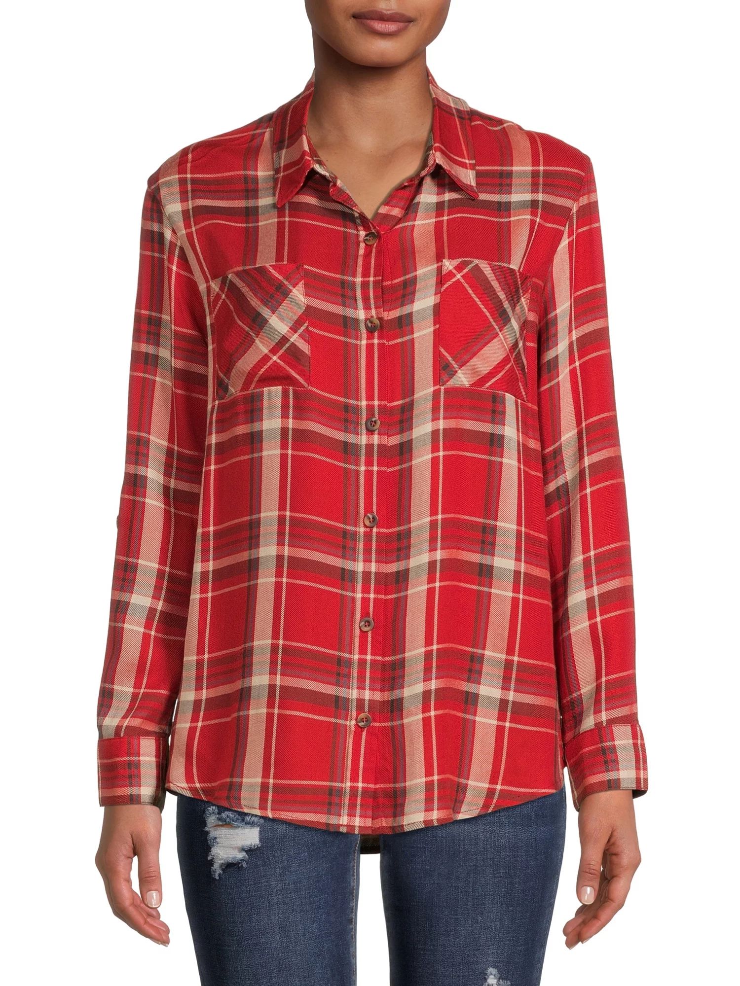 No Boundaries Juniors' Button-Front Plaid Shirt | Walmart (US)