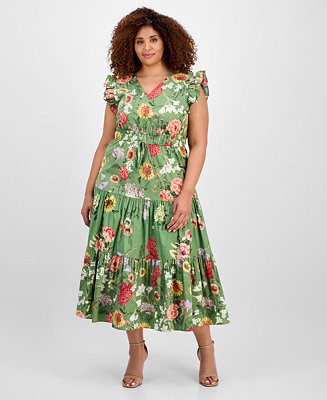 Anne Klein Plus Size Printed Drawstring-Waist Midi Dress - Macy's | Macy's