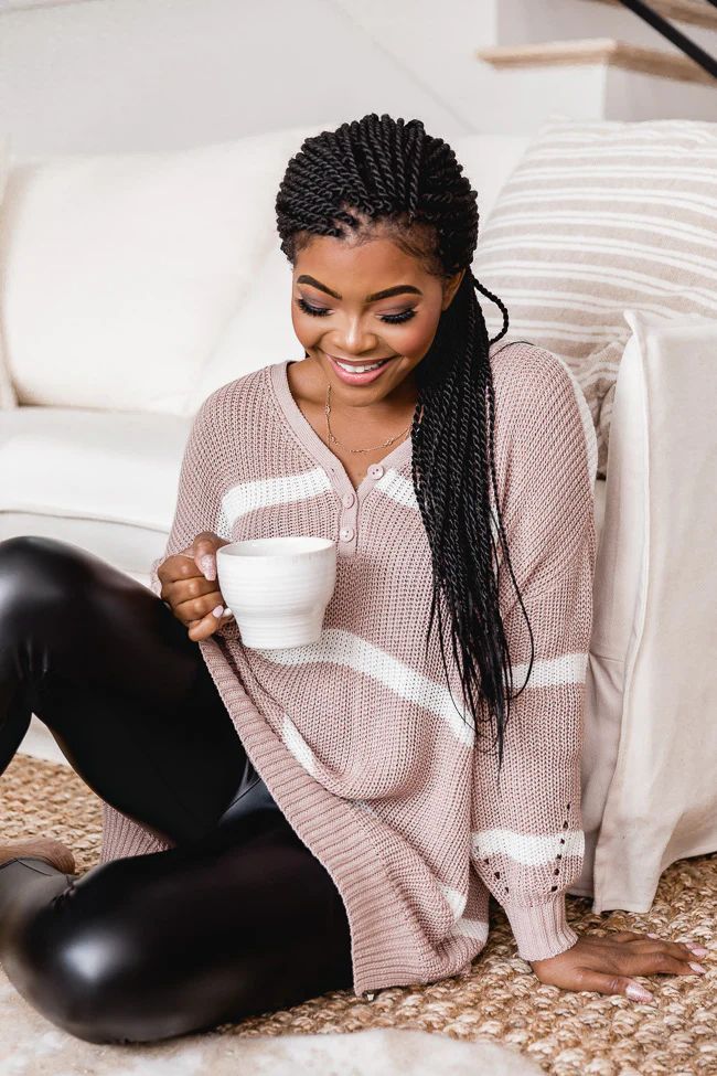 My Best Guess Taupe Striped Henley Sweater | The Pink Lily Boutique