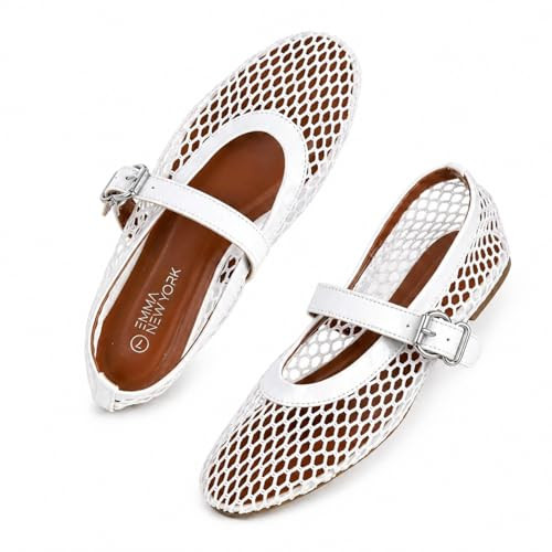 EMMA NEW YORK Mesh Ballet Flats for Women, Mary Jane Mesh Ballet Flats Shoes for Women with Buckle Strap (White, 10) | Amazon (US)