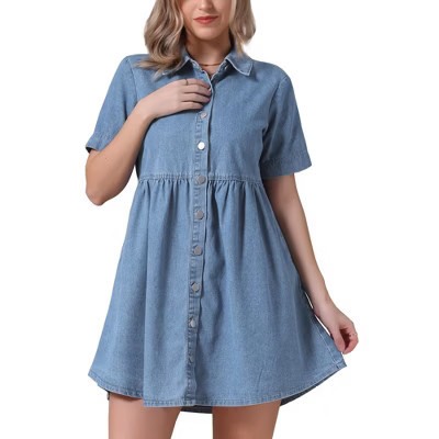 INSPIRE CHIC Women's Denim Babydoll Tiered Short Sleeve Button Down Jean Shirt Dresses Light Blue XX-Large | Target