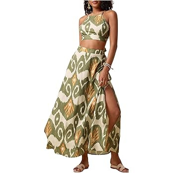 BEAUDRM Women's 2 Piece Sets Summer Vacation Beach Outfits Tie Cami Crop Top and Split Maxi Skirt... | Amazon (US)