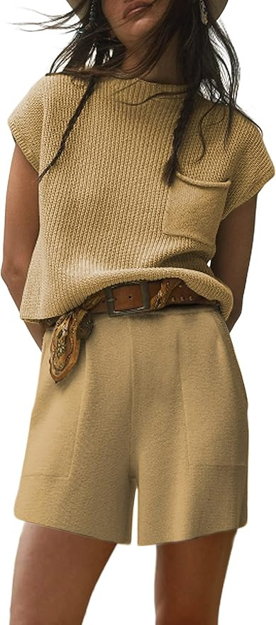 Qiaomai Womens 2 Piece Outfits Sweater Sets Knit Pullover Tops and Shorts Lounge Sets | Amazon (US)